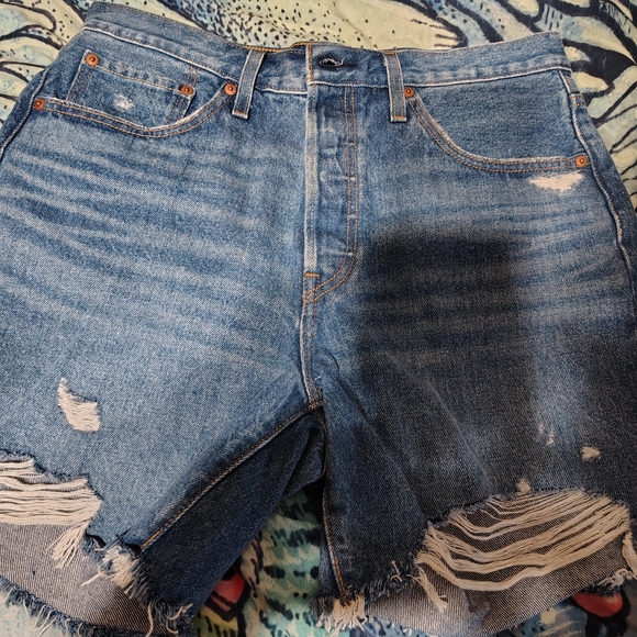 Distressed Blue 501 Button Fly Shorts/ SZ 31/ NWOT/Mid Length/ Deconstruct Front - Picture 1 of 11